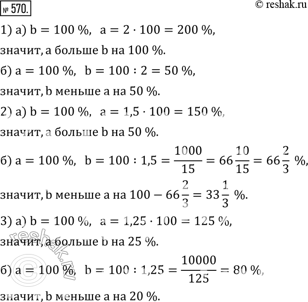Изображение 570. Известно, что число a больше числа b:1) в 2 раза; 2) в 1,5 раза; 3) в 1,25 раза.а) На сколько процентов a больше, чем b? б) На сколько процентов b меньше,...