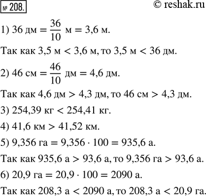 Изображение 208. Сравнить величины:1) 3,5 м и 36 дм;           2) 46 см и 4,3 дм;3) 254,39 кг и 254,41 кг;   4) 41,6 км и 41,52 км;5) 9,356 га и 93,6 а;       6) 208,3 а и...